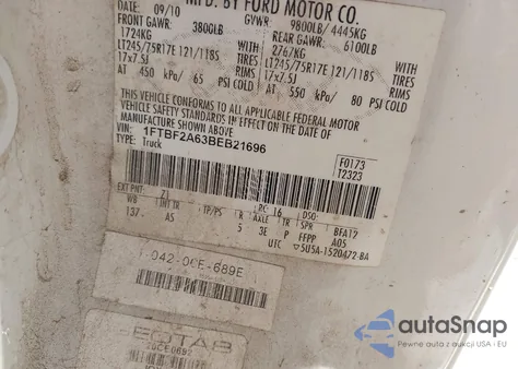 2011 Ford F-250 Xl из США, поврежденный, VIN 1FTBF2A63BEB21696